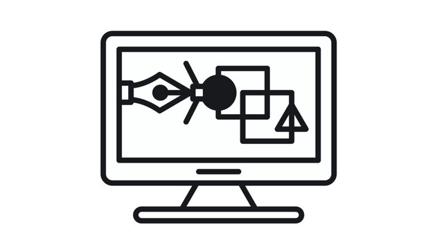 Black and white minimalist vector icon of a computer monitor showing graphic design software with a pen tool nib and geometric shapes, symbolizing digital art, creative design, and illustration.