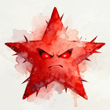 Angry red star character watercolor illustration with thorns for emotional expression and stress concept isolated on white background