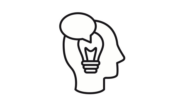 Minimalist black line vector icon illustration of a human head profile with a light bulb and speech bubble, representing creative thinking, brainstorming, innovation, and communication of ideas.