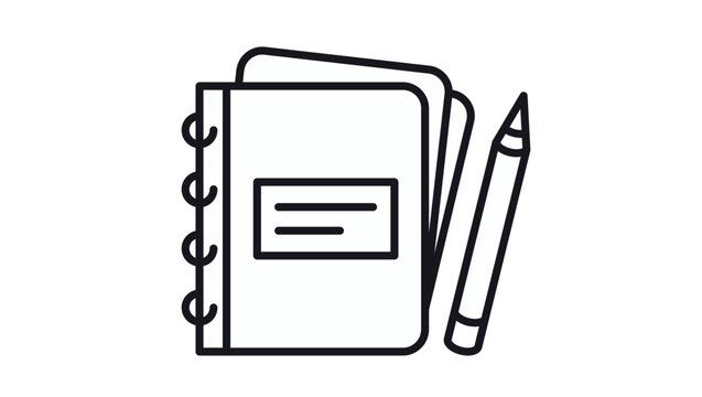 Minimalist black line art vector icon illustration of a spiral notebook and pencil, symbolizing writing, education, journaling, office supplies, and creative note-taking on a white background.
