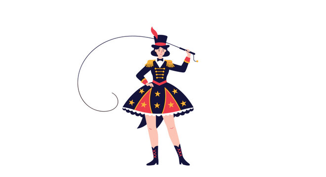 Female circus ringmaster in a decorative uniform with a top hat holds a long whip while posing on a white background.