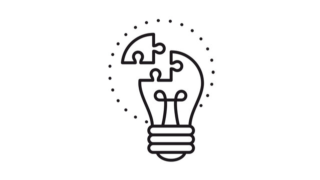 Minimalist black line art vector illustration of a lightbulb puzzle icon representing creativity, innovation, problem solving, and idea generation with a missing piece fitting into place.