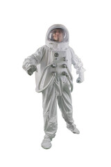 Fototapeta premium Male astronaut in white space suit standing isolated background full length