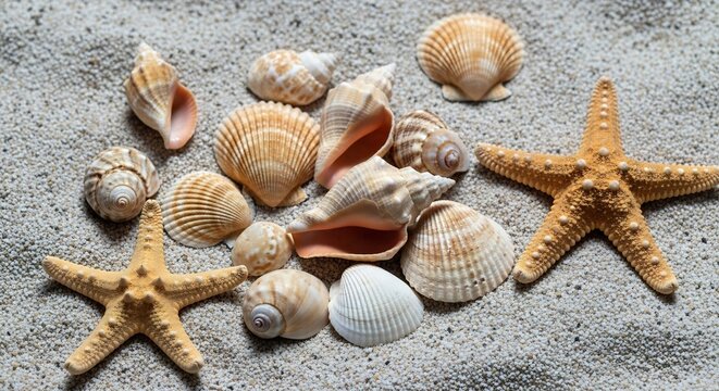 Collection of Seashells and Starfish on Sandy Beach.