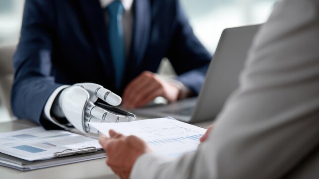 robot financial advisor showing investment charts to client