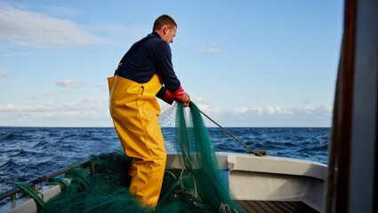 Naklejka premium A fisherman on a boat in the ocean, engaged in his daily work of fishing, with a serene and peaceful atmosphere surrounding him.