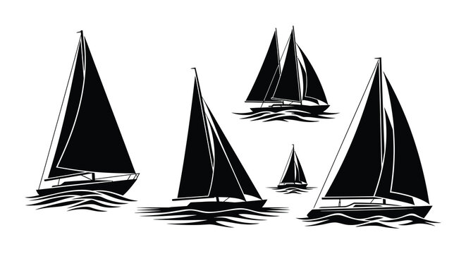 Collection of black silhouettes depicting various sailing ships and boats