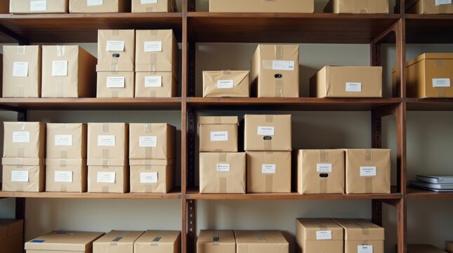 Estanter&iacute;a de trastienda con cajas etiquetadas organizadas por categor&iacute;a, gesti&oacute;n de existencias