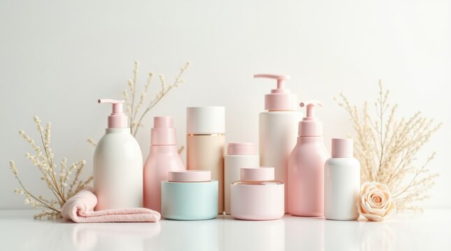 Productos dispuestos de forma ordenada y organizada sobre un fondo blanco liso