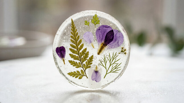 Transparent Isomalt Cookies with Embedded Edible Pressed Micro Flowers on Marble