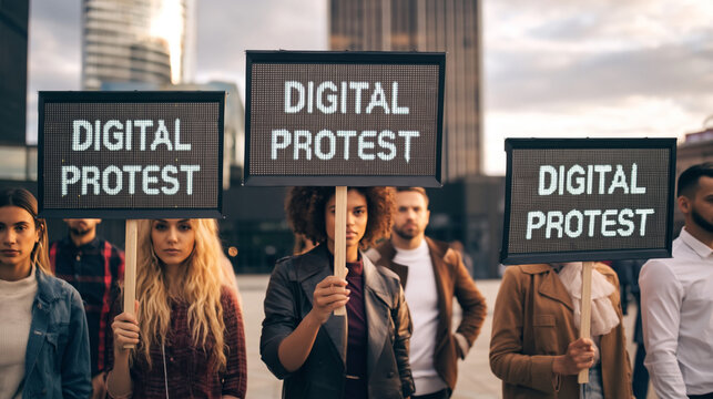 Digital Protest and Activism: Diverse Crowd in Urban Environment Advocating for Social Justice and Digital Rights
