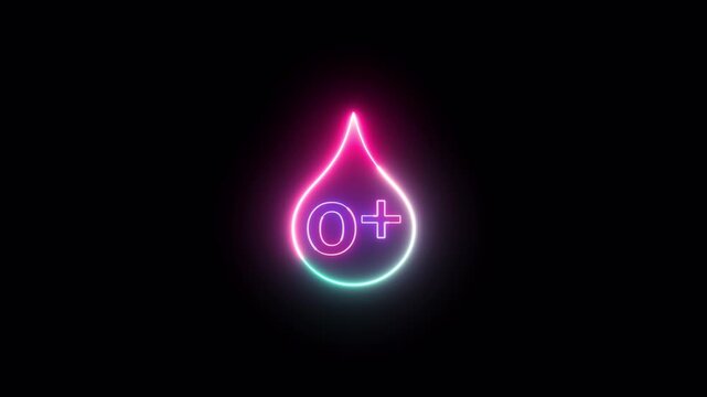 O Positive blood type symbol glowing neon in drop shape on black background, medical concept, O Positive