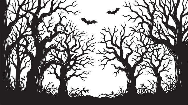Black silhouette trees, bare branches, bats flying, spooky landscape, Halloween background, vector illustration