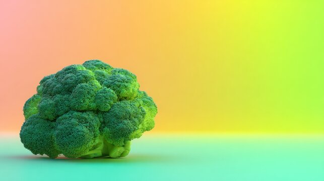 Single head of fresh green vegetable rests upon a brightly colored  surface