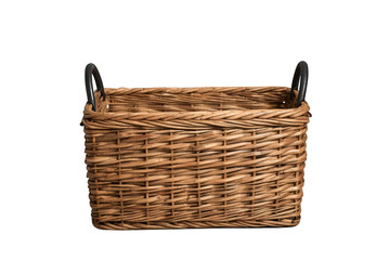 Obraz premium Wicker basket with handles, brown woven storage container for homemaking organization and decor, transparent background