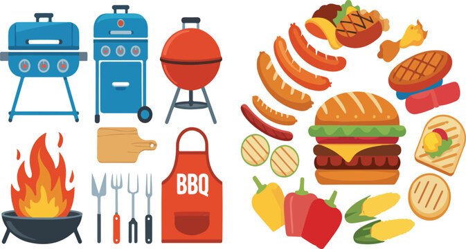 BBQ grill food sticker set with grilled meat, vegetables and barbecue items, flat cartoon vector illustration collection