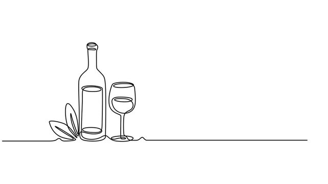 bottle of wine with wineglass continuous one line drawing animation, Self-drawing of a bottle of wine and a groan of grapes in one line on a white screen. Stock cartoon video with alcohol in 4k