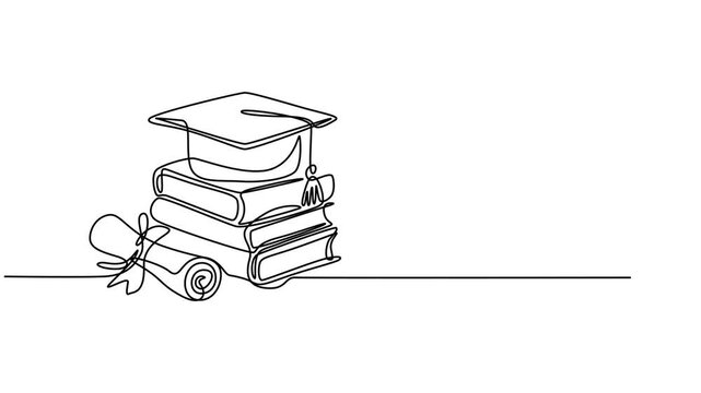 graduation hat with book continuous one line drawing animation, Self drawing of continuous single line drawing Graduation hat on books, Animated education linear concept Full length 4k animation