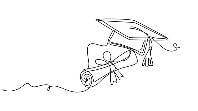 graduation hat, graduation continuous one line drawing animation, One continuous line drawing of graduation hat Concept of student of university college and school Doodle vector illustration cap
