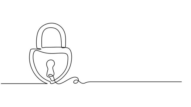 padlock continuous one line drawing animation, Video. A shield-shaped padlock drawn in one continuous line. Protection sign concept. Animation on white background 4K, Animation of a single line draw