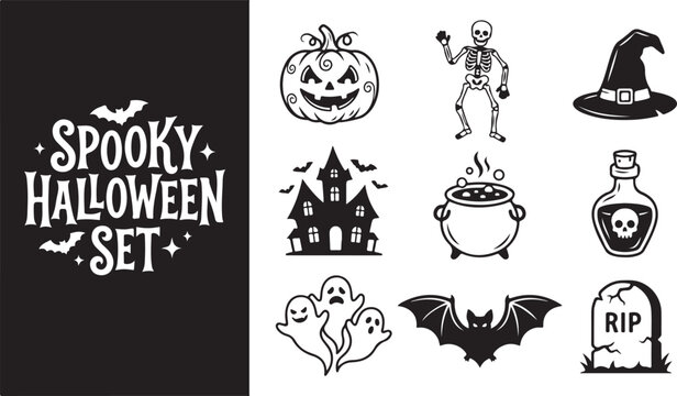 Halloween icons set, spooky symbols, black and white illustrations, vector graphics