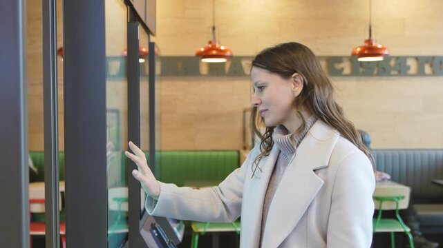 Woman using self service kiosk in fast food restaurant, ordering food on touchscreen menu, female customer swiping on digital screen, modern fast food ordering system and technology concept