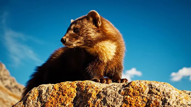 Alert Marten Perched on Sunlit Rock Overlooking Territory