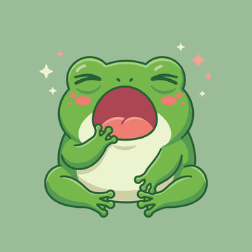 Cute cartoon green frog yawning widely with closed eyes and rosy cheeks, surrounded by sparkling stars, on a simple green background.