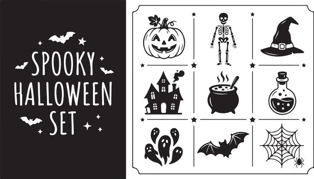 Halloween icons, spooky symbols, black and white illustrations, 9 piece vector set