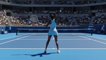 Fototapeta premium A determined female athlete prepares for a powerful serve on a bright blue professional tennis court during a sunny tournament match