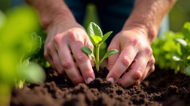 Close-up of a male farmer's hands planting seedlings into the ground