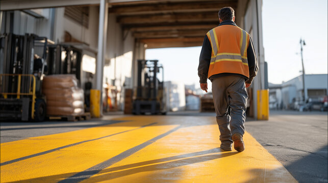 A maintenance worker repaints worn safety floor markings at a busy loading dock under harsh midday overhead lighting, forklifts parked nearby, ideal for dock safety, industrial maintenance, and mode