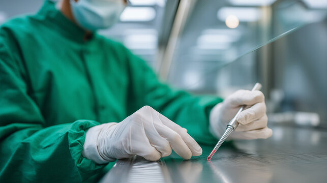 Quality control microbiologist swabs a stainless steel fill nozzle during a line clearance inspection, biosafety cabinet visible behind, cool white laboratory environment with green gown reflections