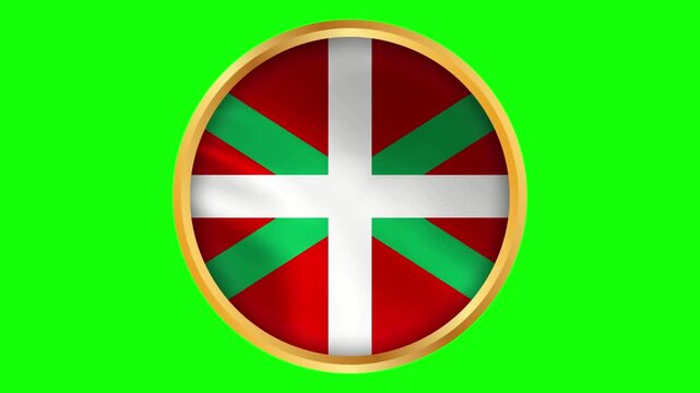 Basque Country Round Framed National Wavy Flag. Circular Blowing Flag of Euskadi with Golden Frame.