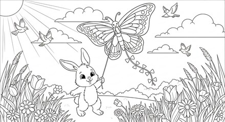 Fototapeta premium Cute Bunny Flying a Butterfly Kite in a Sunny Meadow with Birds and Flowers.