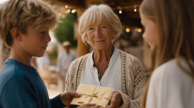 An intergenerational scene of a grandmother handing sealed savings envelopes to adult children at a summer barbecue, expressions surprised and moved, ideal for family wealth transfer, financial secr