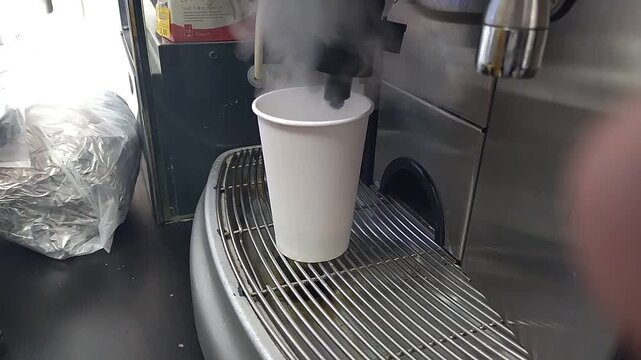 The full process of preparing a takeaway cappuccino in a white paper cup from a coffee machine inside the building. Quick coffee from a self-service machine