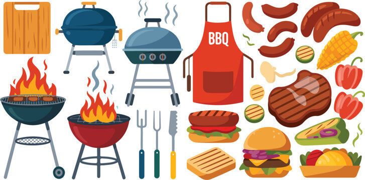 BBQ grill food sticker set with grilled meat, vegetables and barbecue items, flat cartoon vector illustration collection