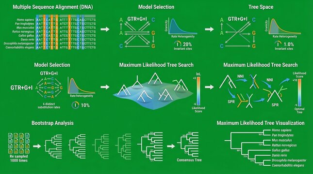 A scientific illustration of phylogenetic tree construction steps including multiple sequence alignment and model selection