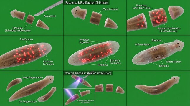 A scientific illustration of planarian regeneration and tissue formation