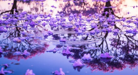 Obraz premium Purple flowers floating on water with tree reflections.