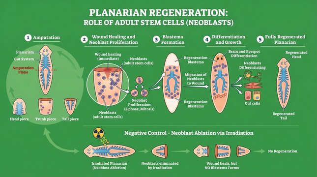 An infographic illustrating the process of planarian regeneration and the role of adult stem cells called neoblasts in tissue repair and renewal.
