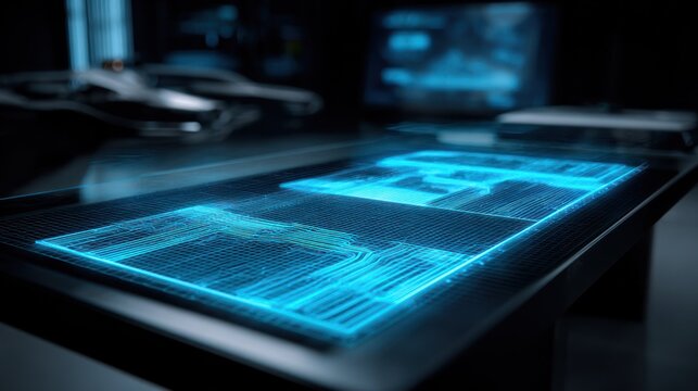 Futuristic glowing digital schematics display across a dark interactive surface in a dimly lit environment