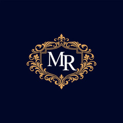 Luxury Monogram MR Logo with Golden Fleur De Lis and Ornamental Floral Frame © hridoyjr2022