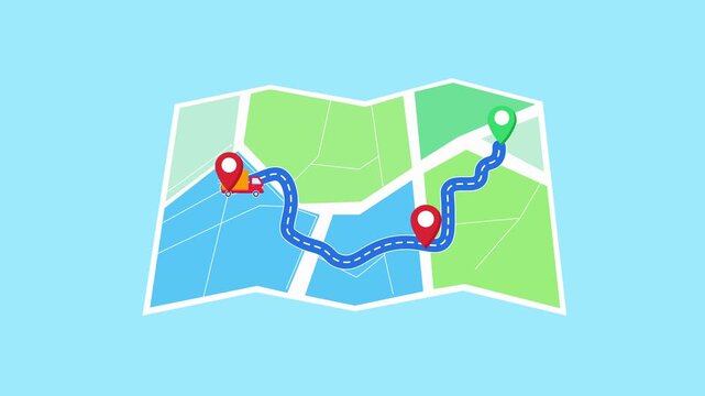 Animated video of a folded map showing multi stop GPS route with navigation path and multiple location pins. Represents delivery tracking, logistics routing, and real time navigation system.