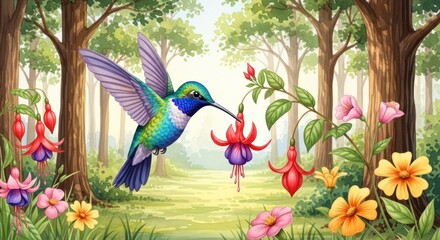 Obraz premium A hummingbird sips nectar from a vibrant flower in a lush forest.