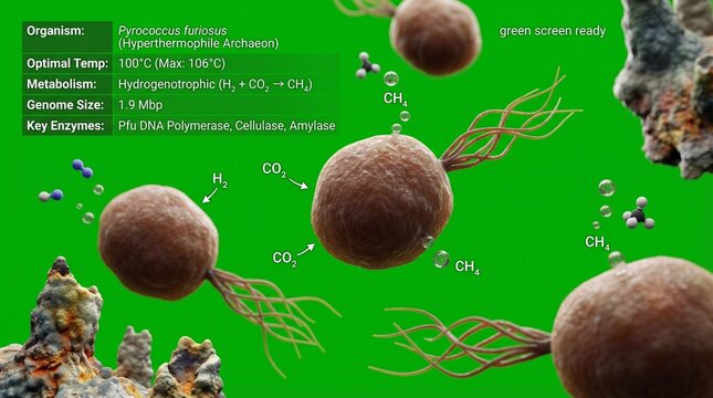 A microscopic view of Pyrococcus furiosus microorganisms in a green laboratory setting with detailed scientific annotations.