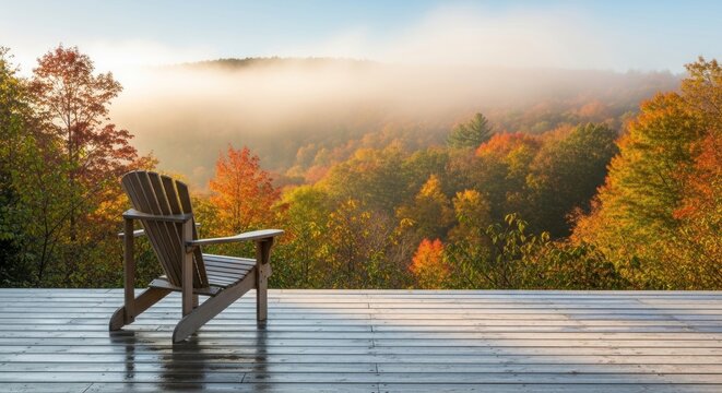 Adirondack chair on deck overlooking foggy autumn forest at sunrise