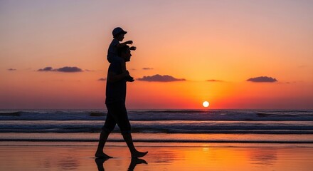 Fototapeta premium Celebrating happy fathers day silhouette of a father with camera at sunset on beach