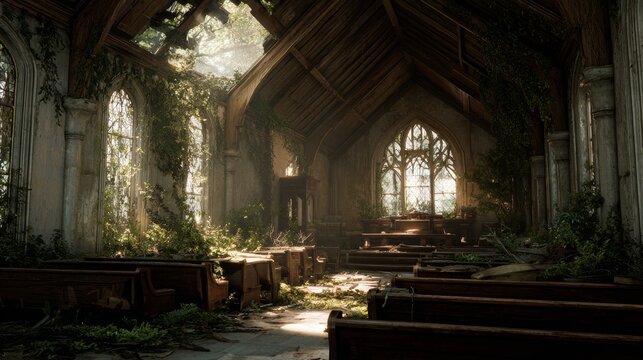 A dilapidated church interior, sunlight streams through broken windows, illuminating overgrown vegetation. Wooden pews and altar remain